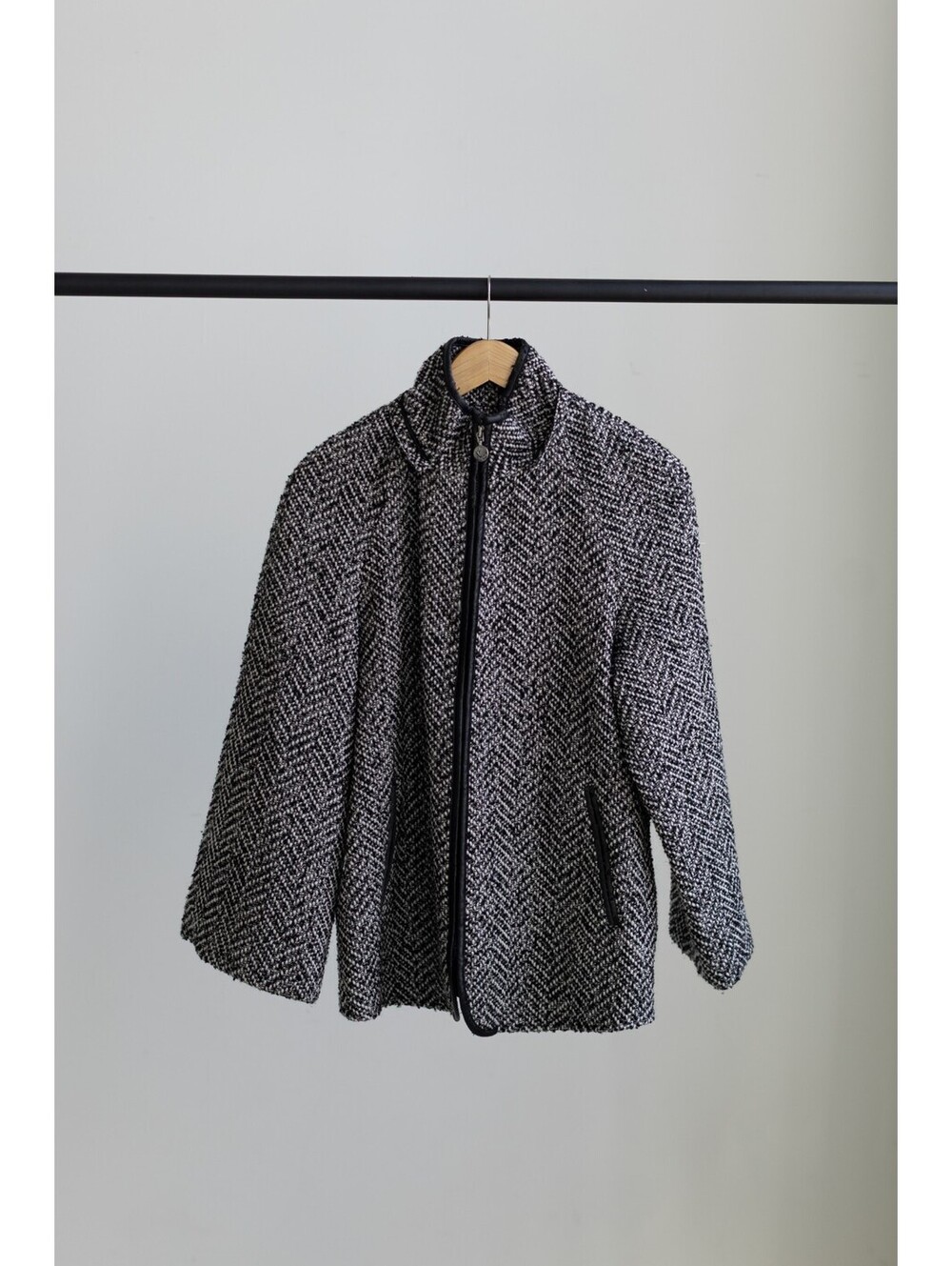 Betsey Johnson Black & White Tweed Herringbone Jacket Faux Leather Trim M